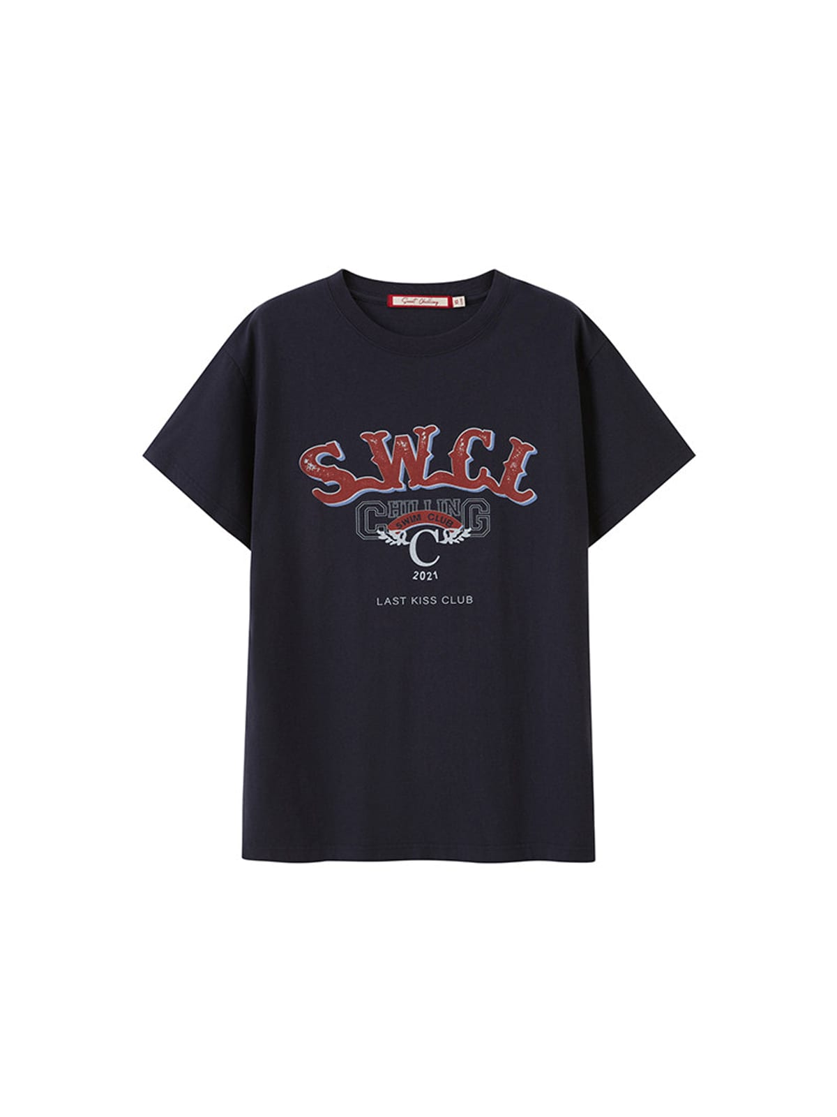 SweetChilling Oversized Vintage Print Cotton T Shirt in Navy Blue