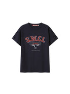 SweetChilling Oversized Vintage Print Cotton T Shirt in Navy Blue