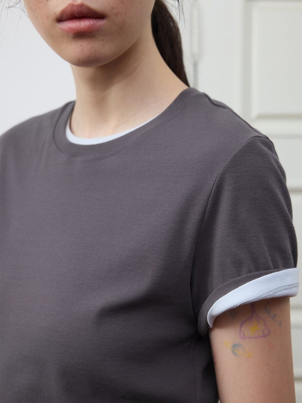 Random Piece Lightweight Cotton Blend Crewneck T Shirt in Gray - On Female Model