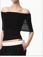 RARELY ALIKE Lyocell Cashmere Off The Shoulder Top in Black - On Female Model