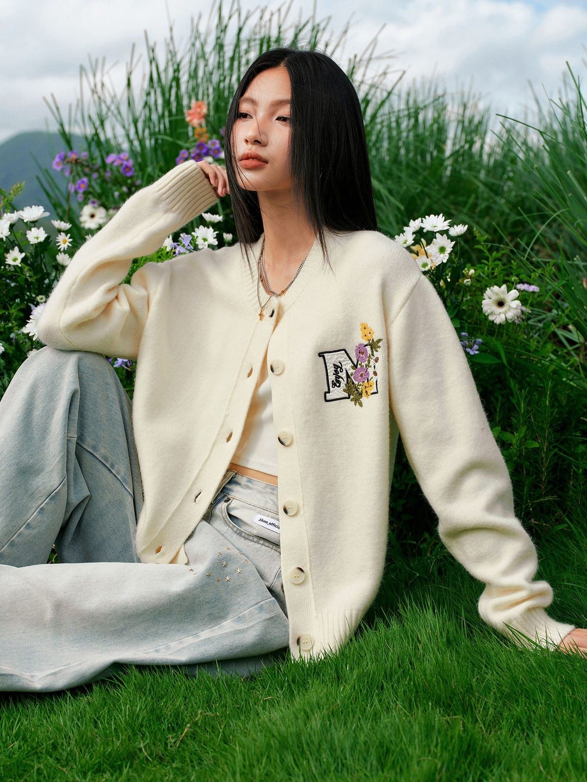 MEDM Floral Embroidered Knit Cardigan in Cream - On Female Model