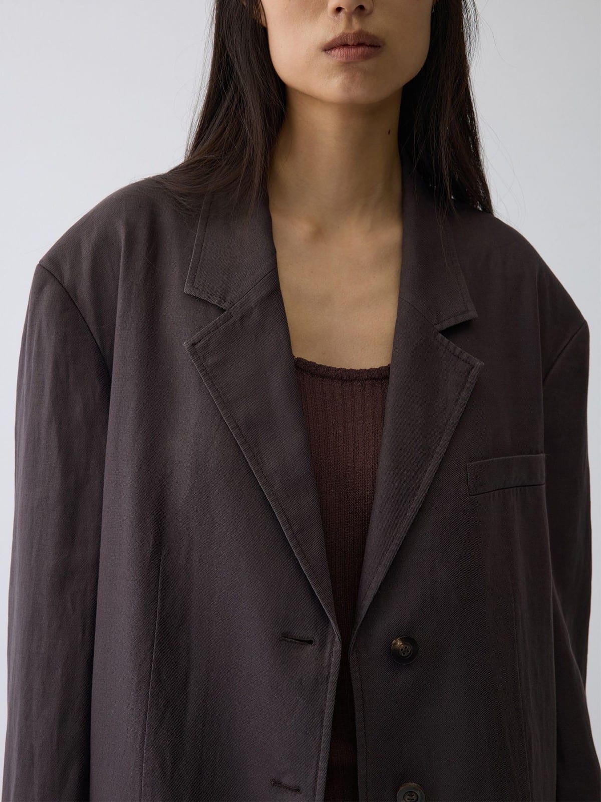 Random Piece Drop Shoulder Cotton Linen Blazer in Gray - On Female Model