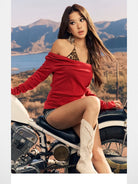 BeerBro Cowl Neck Knit Leopard Halter Set in Red - On Female Model