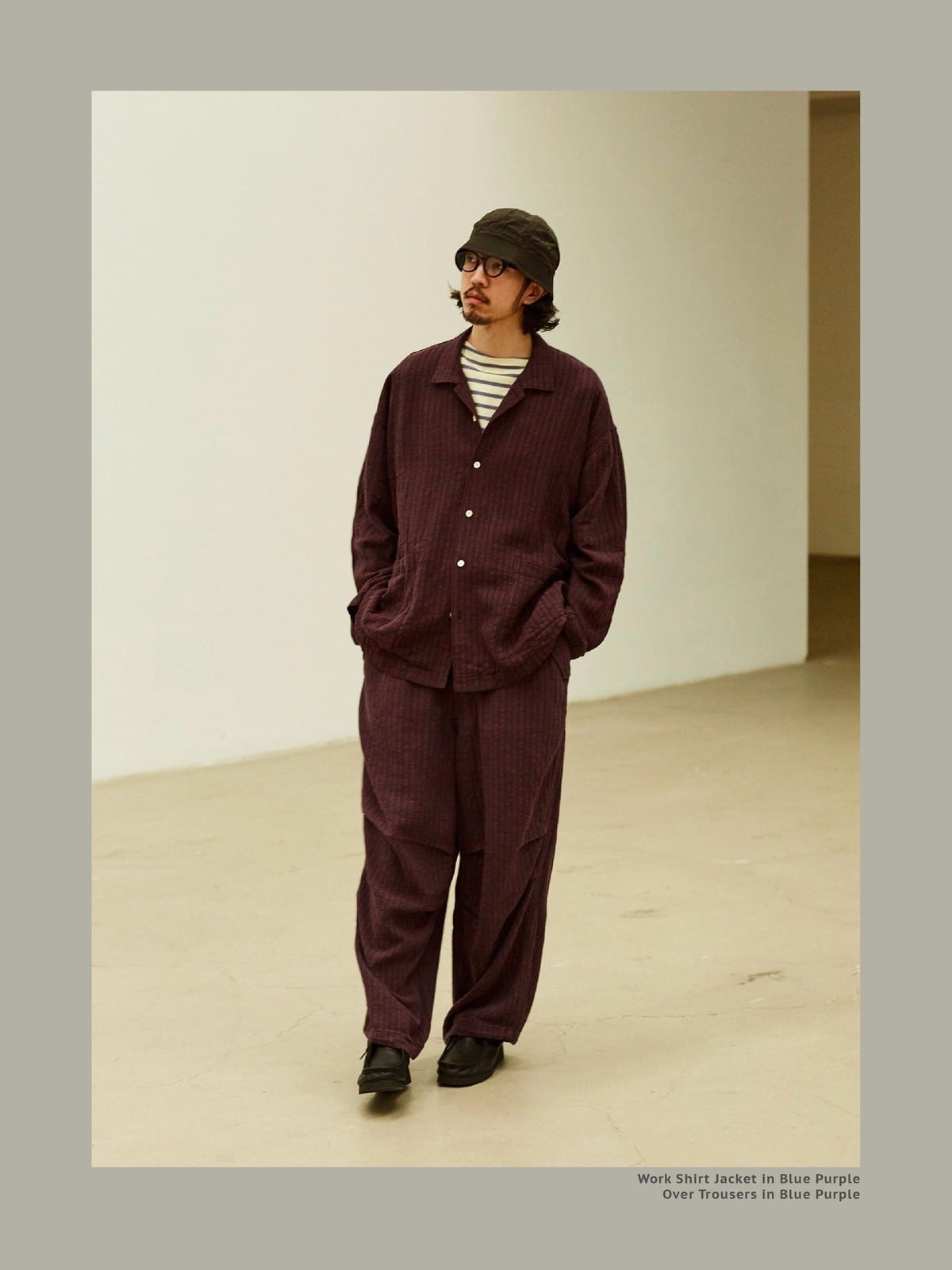 USAGE Textured Cotton Ramie Work Shirt in Purple - On Male Model