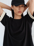 MSBEAST Color Block Cuff Cotton Blend T Shirt in Black - On Female Model