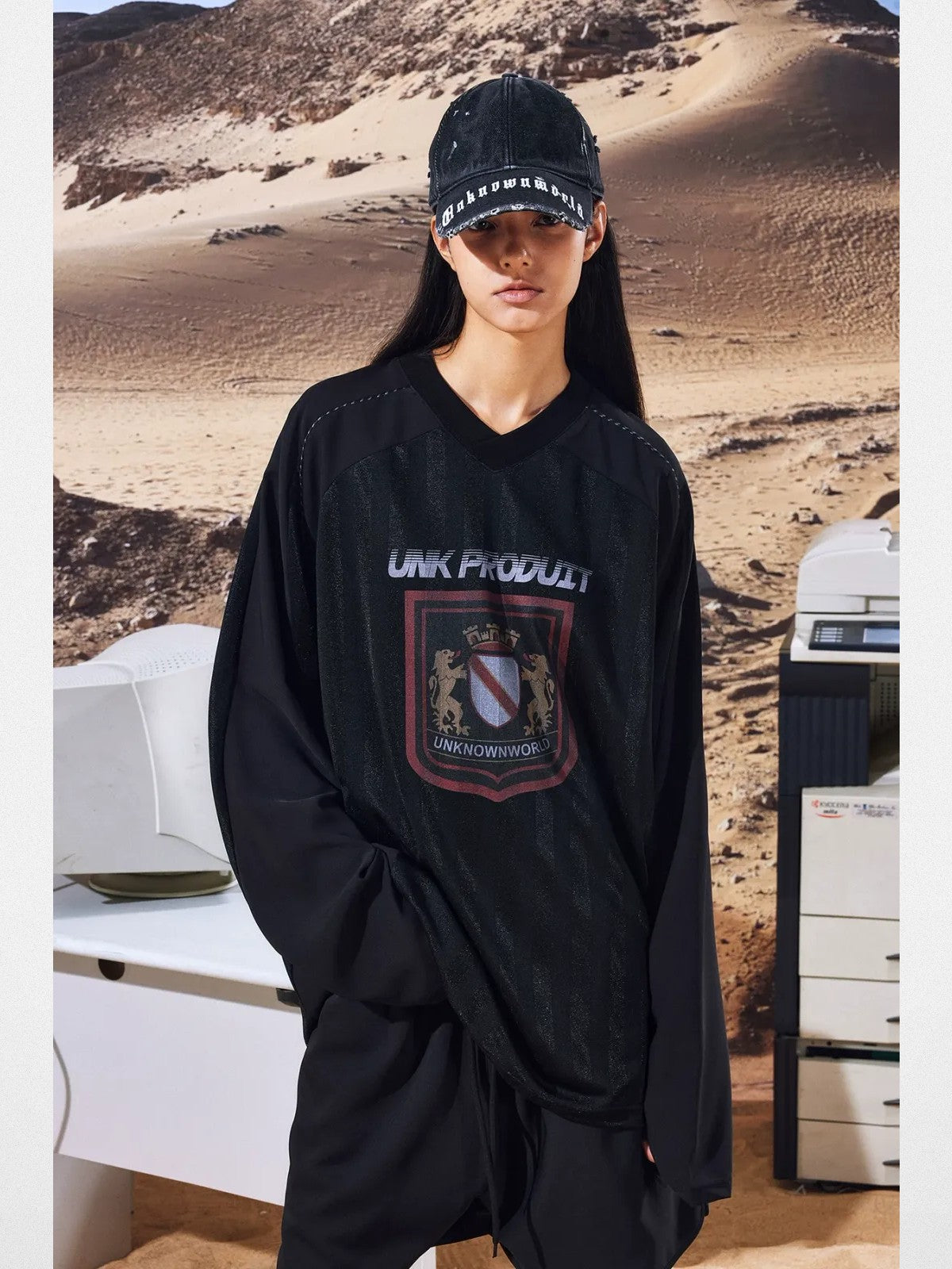 UNKNOWNWORLD Distressed Paint Splatter Cap in Black - On Female Model