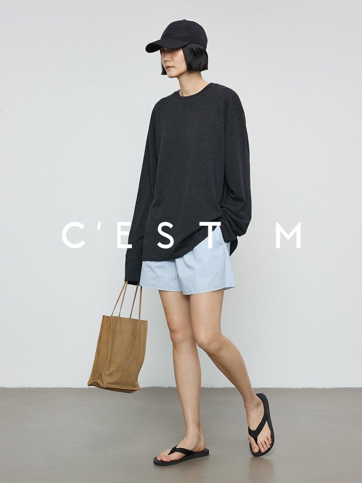 CEST M Striped Organic Pima Cotton Shorts in Sky Blue - On Female Model