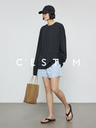 CEST M Striped Organic Pima Cotton Shorts in Sky Blue - On Female Model