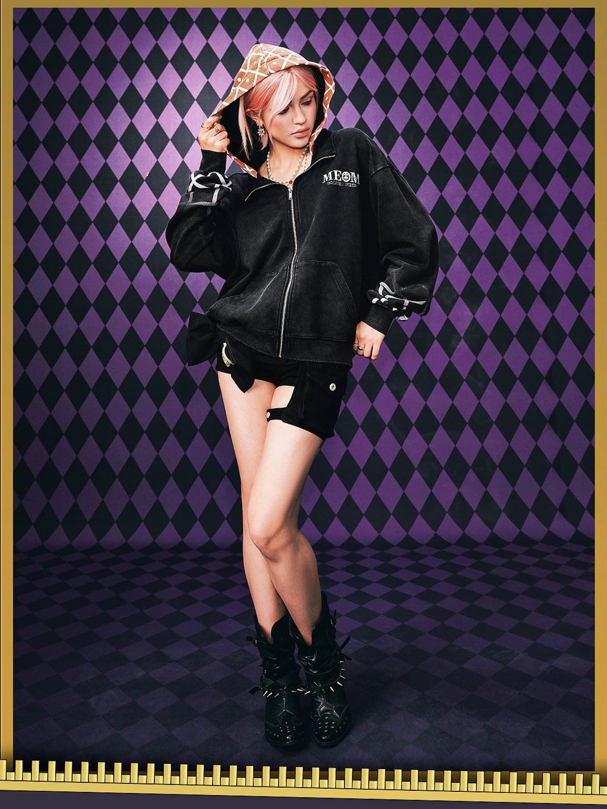 MEDM Guido Mista Graphic Zip Up Hoodie in Black - On Female Model