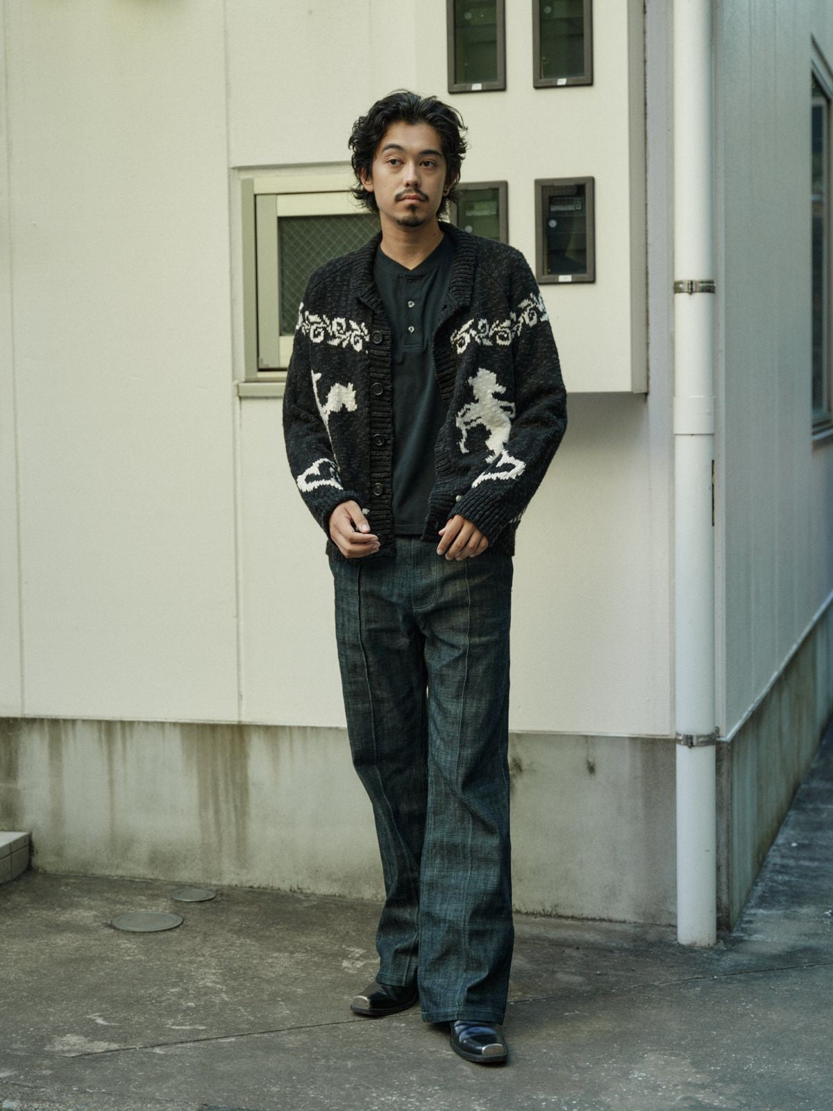 Retro 21 Western Jacquard Shawl Cardigan in White - On Male Model