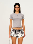 SMFK Embroidered Cross Stretch Cotton T Shirt in Gray - On Female Model
