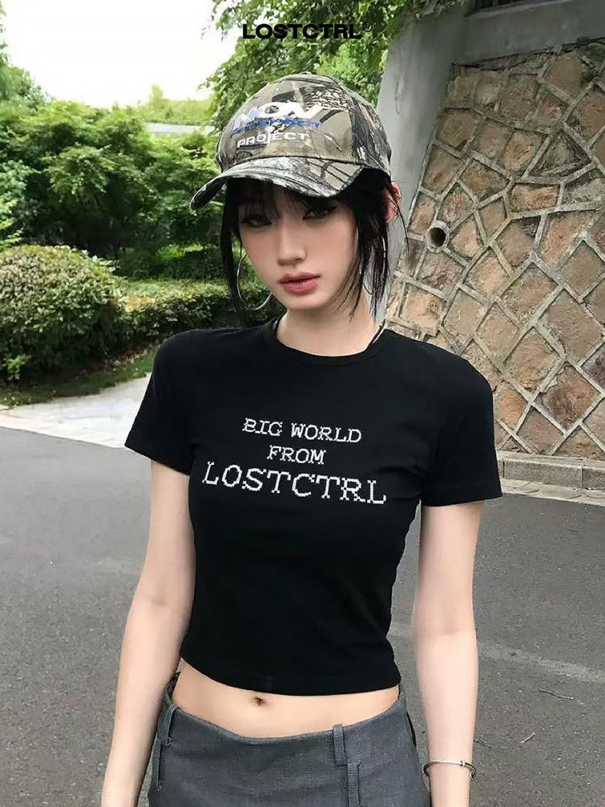 LOSTCTRL Heavyweight Embroidered Cropped T Shirt in Black - On Female Model