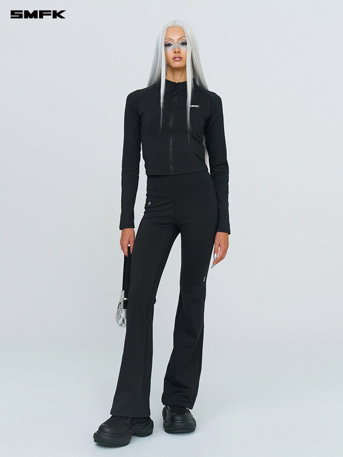 SMFK Brushed Fleece Zip Up Cropped Jacket in Black - On Female Model