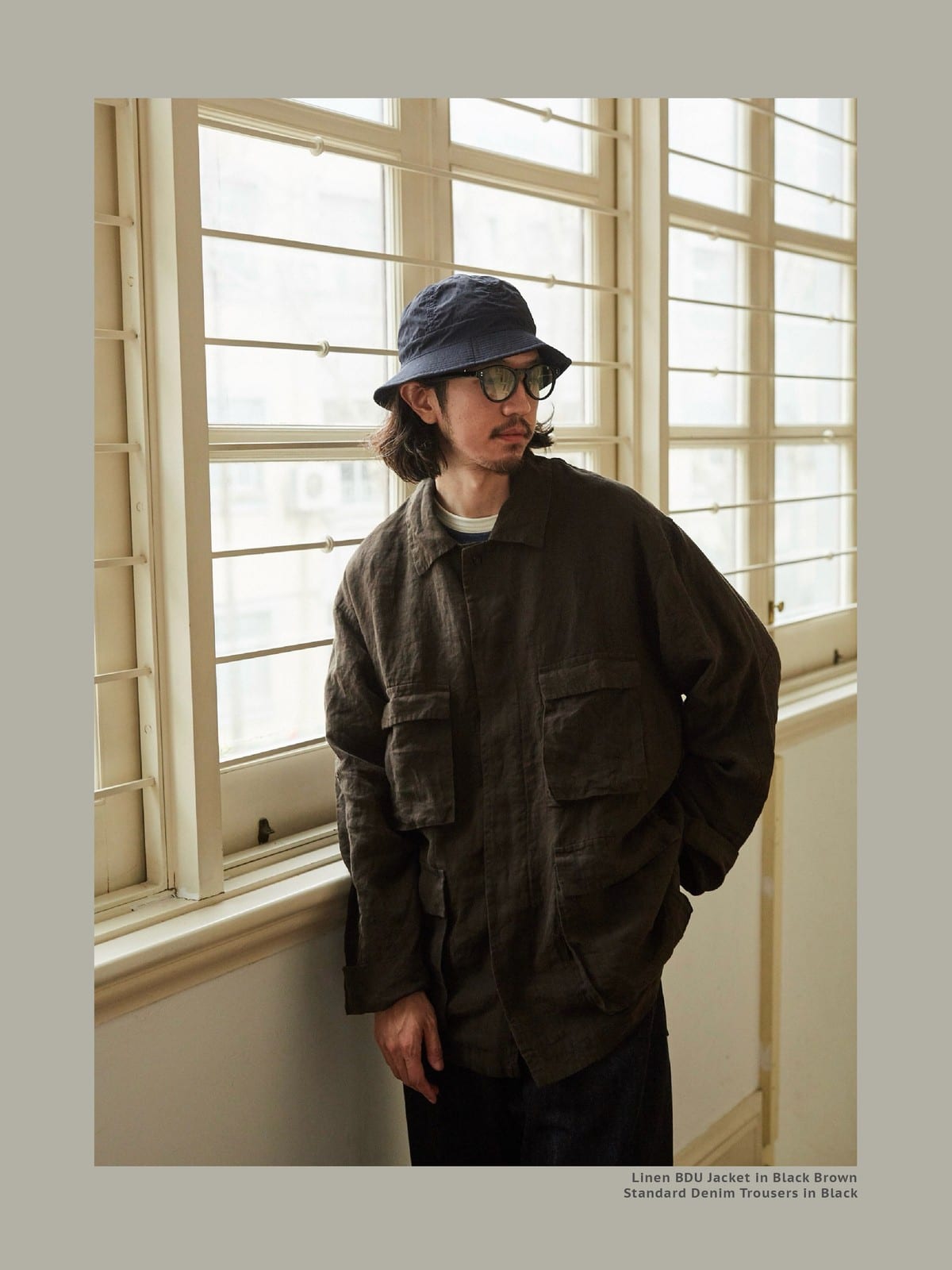 USAGE Linen Four Pocket BDU Jacket in Brown - On Male Model
