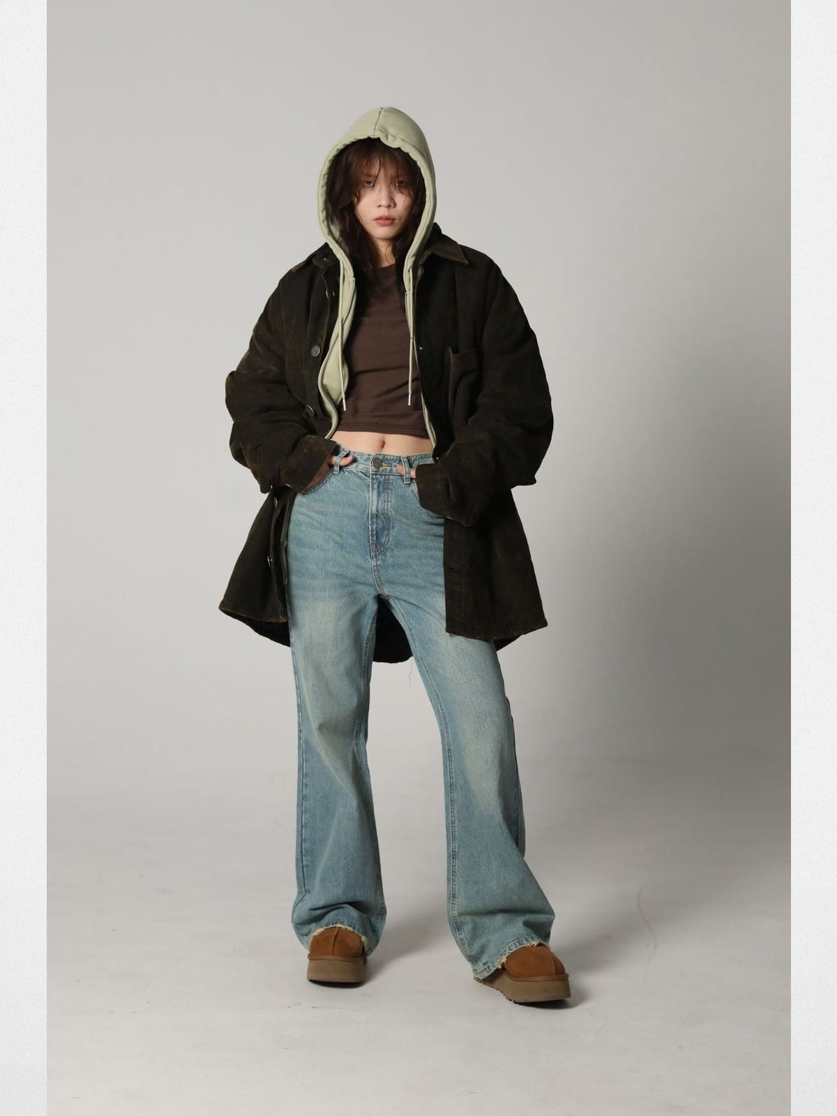 MASONPRINCE High Waisted Distressed Flared Jeans in Denim - On Female Model