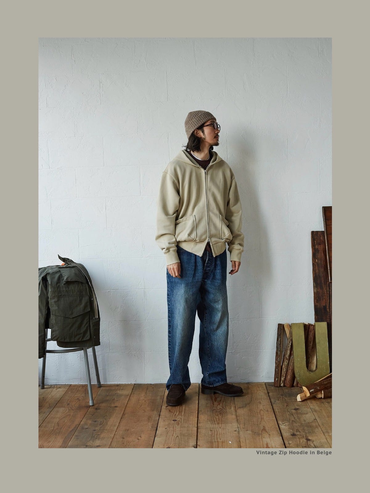 USAGE Hand Distressed Washed Zip Hoodie in Beige - On Male Model