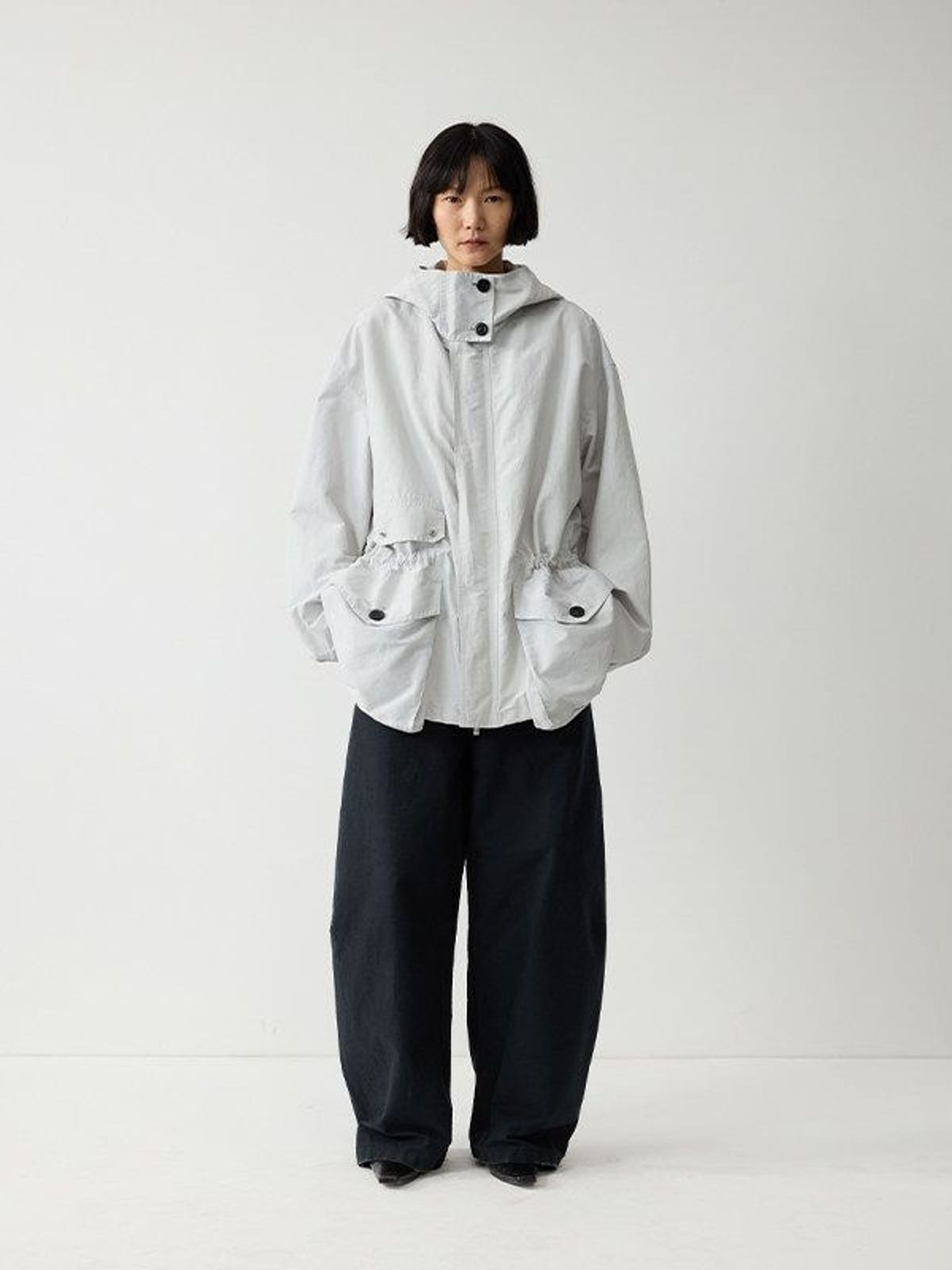 Random Piece Cotton Blend Drawstring Cargo Jacket in Gray - On Female Model