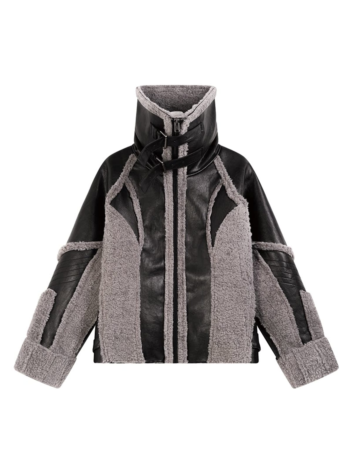 D5ove Faux Shearling High Collar Jacket in Black