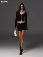 SMFK Ribbed Zip Up Cropped Cardigan in Black - On Female Model
