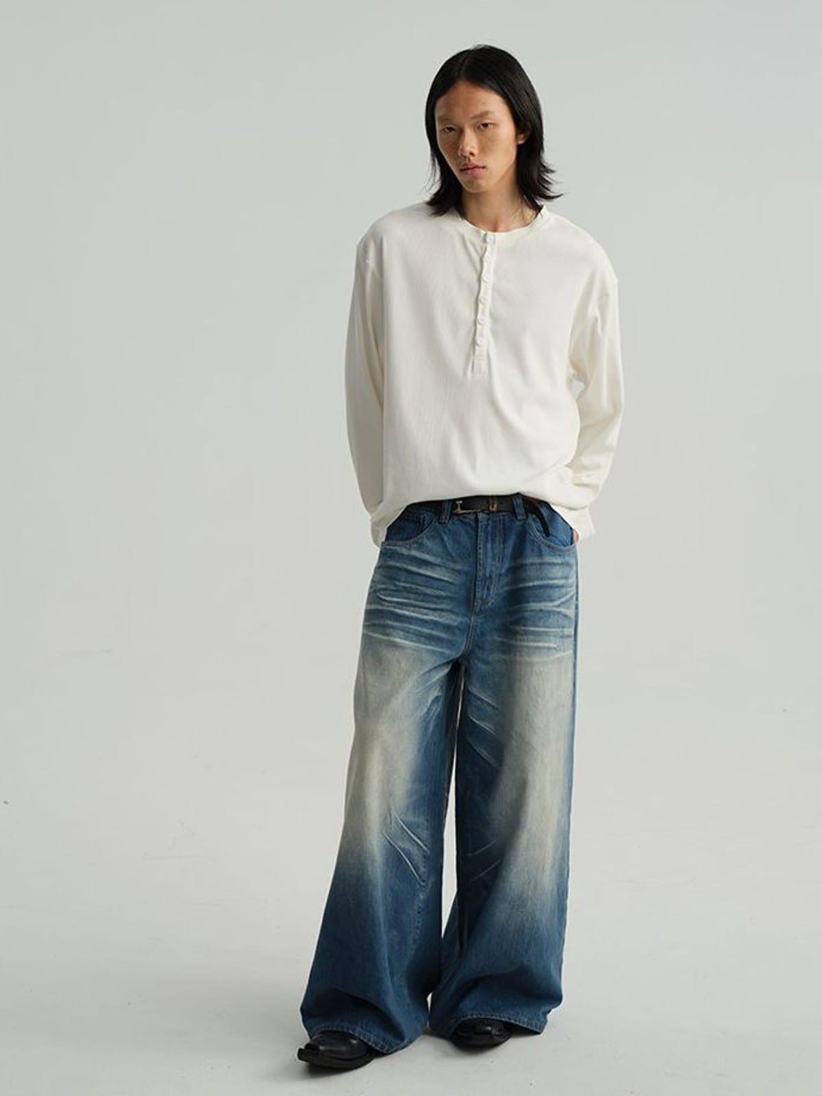 JCAESAR STUDIO Long Sleeve Rayon Blend Henley in White - On Male Model