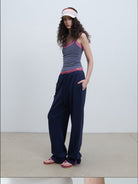 RARELY ALIKE Lace Waistband Adjustable Joggers in Navy Blue - On Female Model