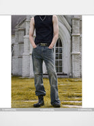 Y OFFICIAL Okayama Slub Mud Dyed Micro Flare Jeans in Gray - On Male Model