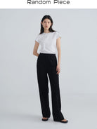 Random Piece Merino Wool Straight Leg Trousers in Black - On Female Model