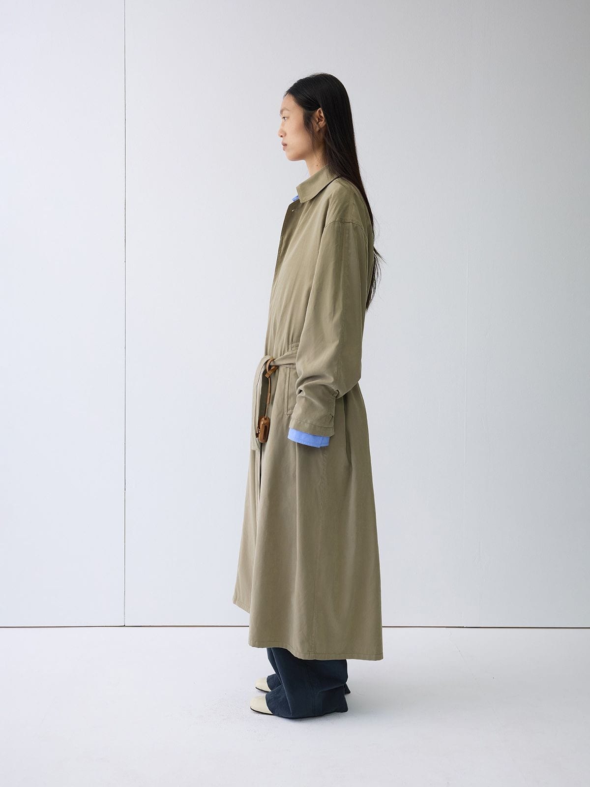 Random Piece Soft Draped Nylon Blend Trench Coat in Beige - On Female Model