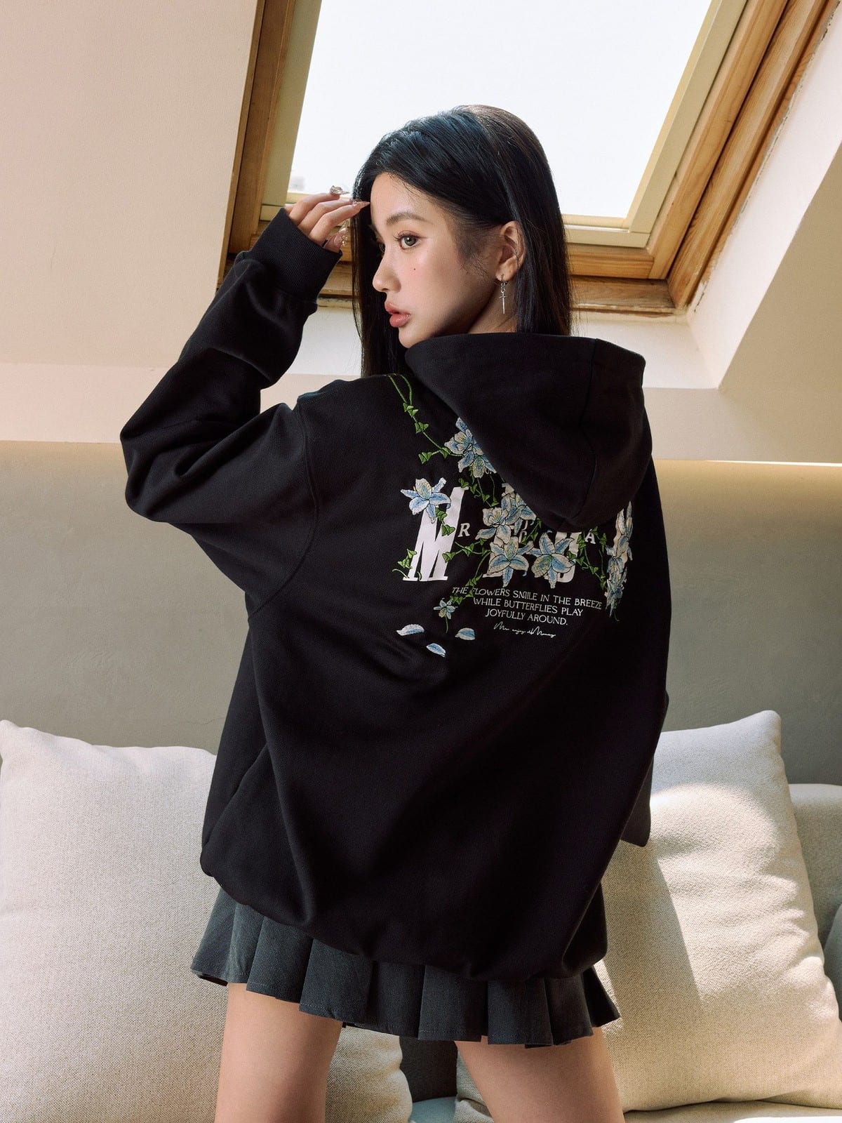 MEDM Floral Embroidered Zip Up Hoodie in Black - On Female Model