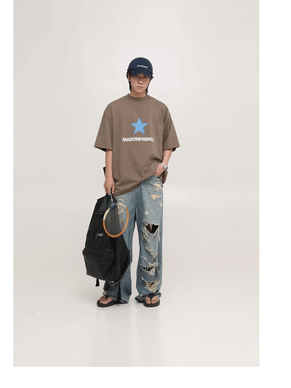 MASONPRINCE High Waisted Distressed Straight Leg Jeans in Blue - On Male Model