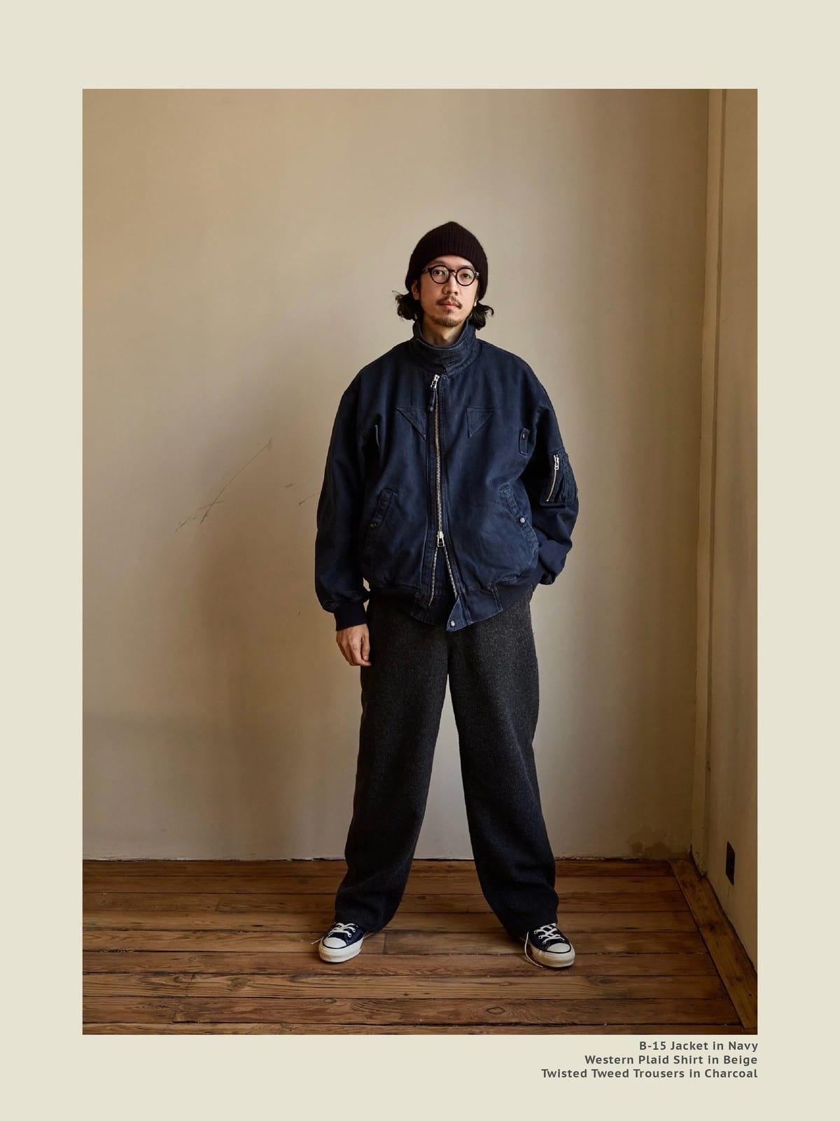 USAGE Washed Cotton Lyocell B 15 Bomber in Navy - On Male Model