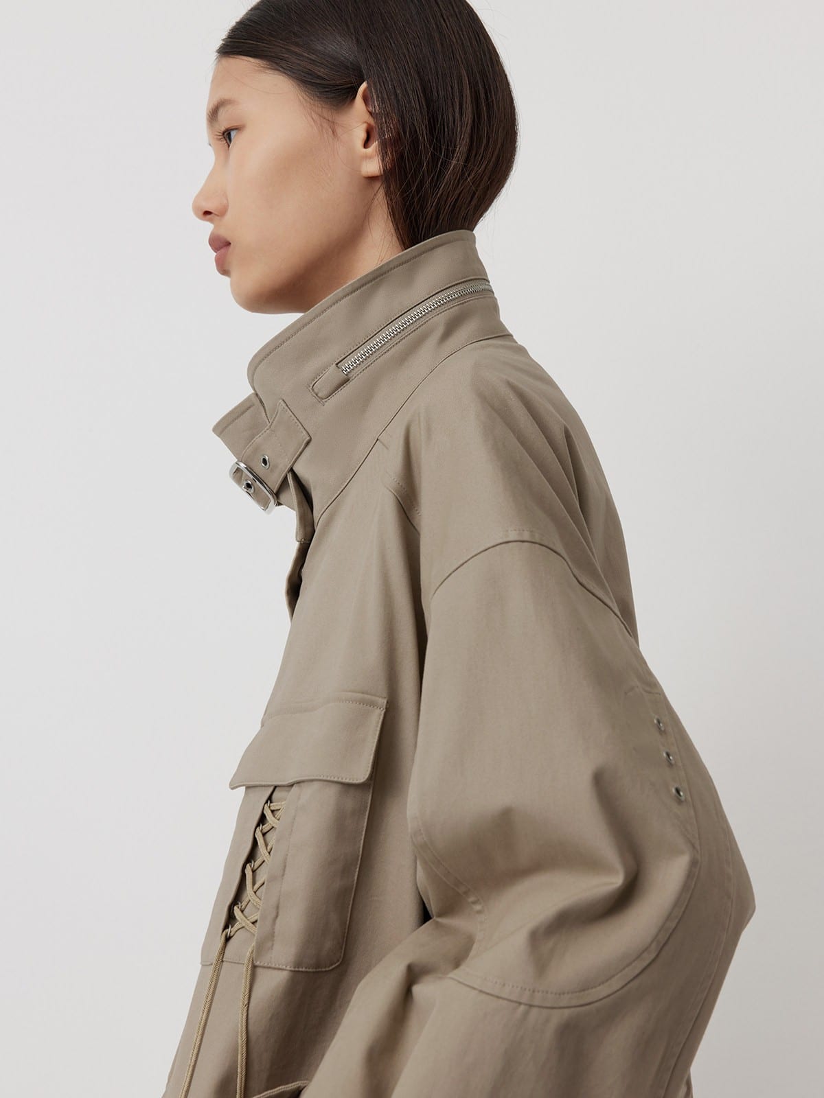 Random Piece Drawstring Cotton Twill Utility Jacket in Beige - On Female Model
