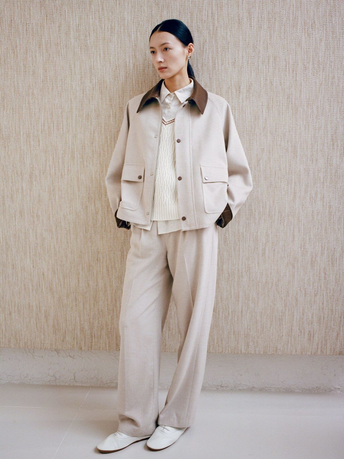 TEASEL Cropped Silk Camel Hair Barn Jacket in Oatmeal - On Female Model