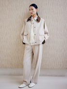 TEASEL Cropped Silk Camel Hair Barn Jacket in Oatmeal - On Female Model