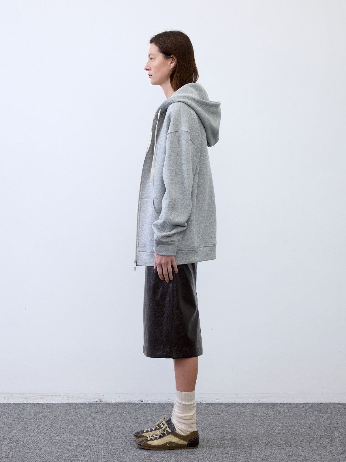 Random Piece Cotton Lyocell Zip Up Hoodie in Gray - On Female Model