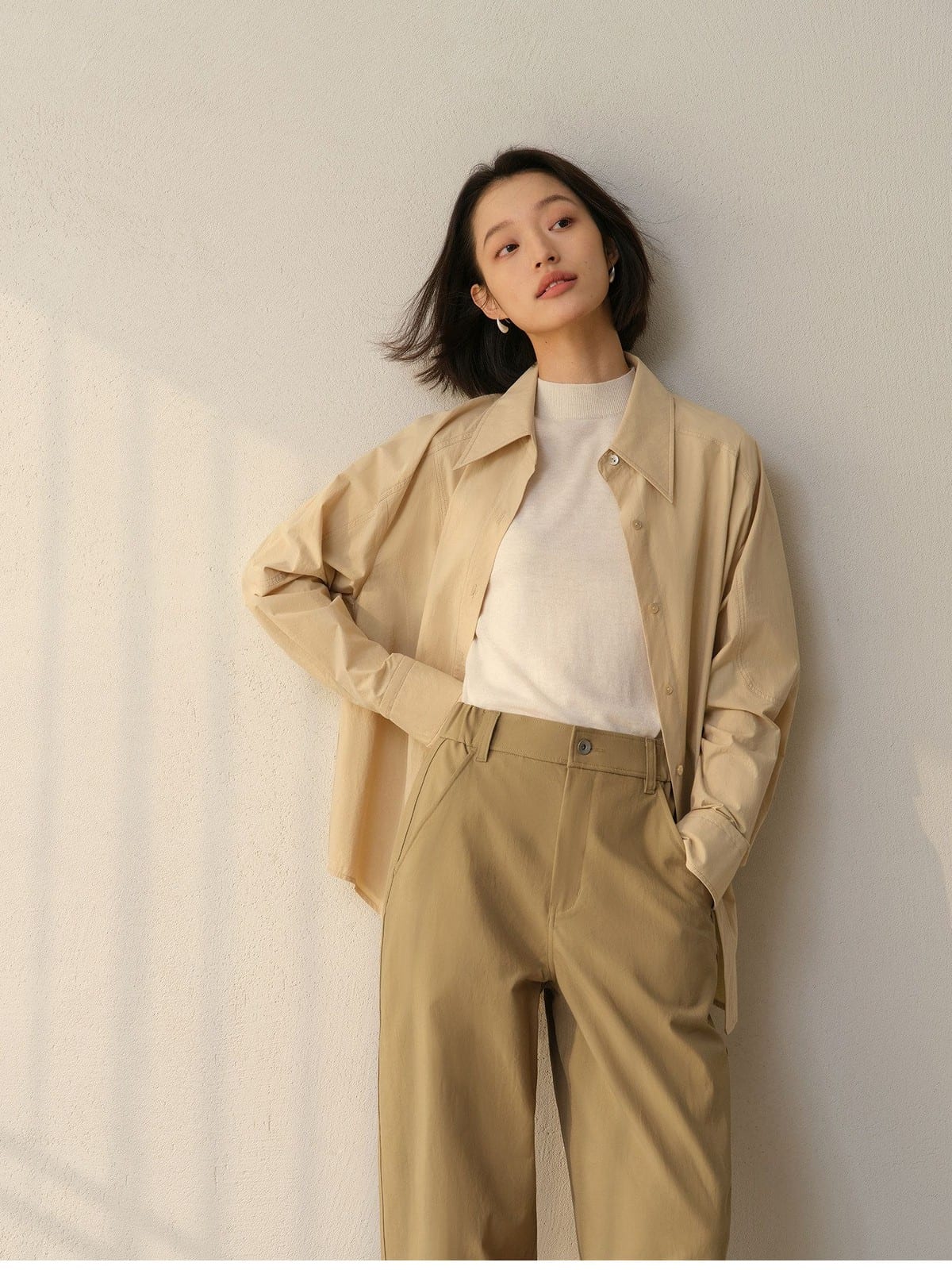TEASEL Half Elastic Solotex Cocoon Pants in Beige - On Female Model