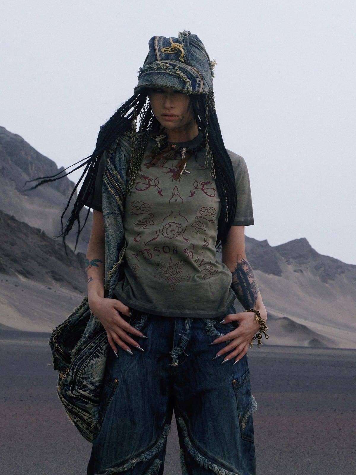 PERSONSOUL Distressed Totem Print T Shirt in Olive - Lifestyle