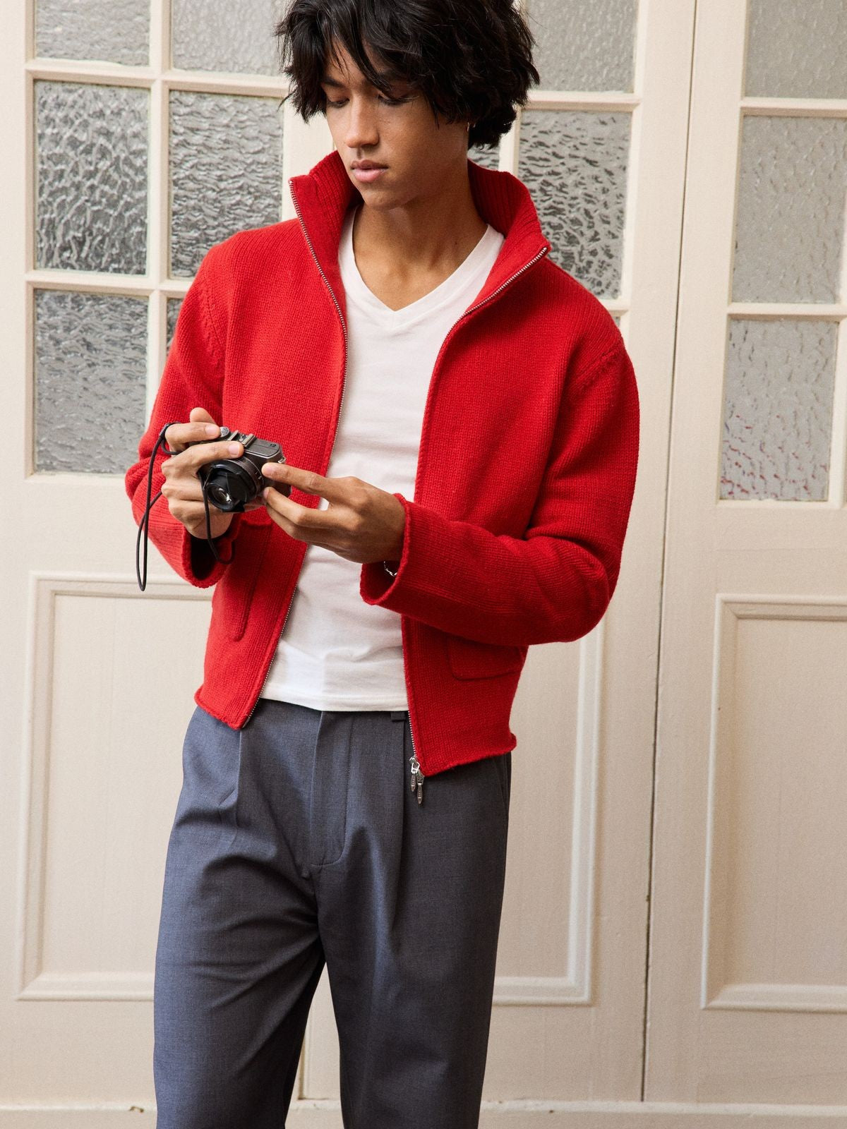 Retro 21 Red Wool Blend Double Zip Cardigan in Red - On Male Model
