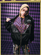 MEDM JoJo Collab Graphic Puffer Bomber in Black - On Male Model