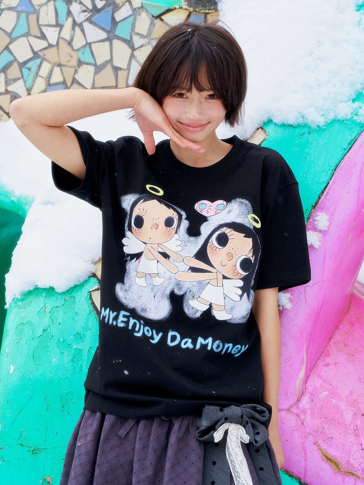 MEDM Embroidered Heart Cotton T Shirt in Black - On Female Model