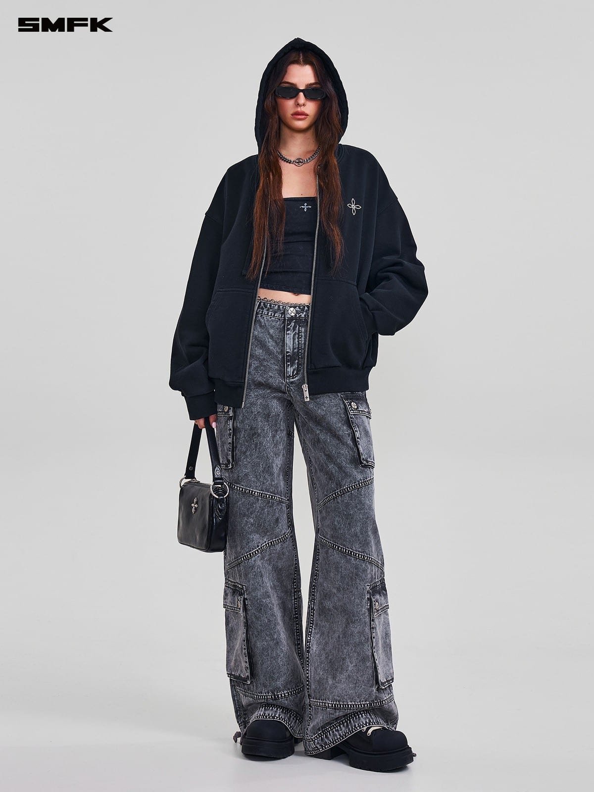 SMFK Embroidered Cotton Zip Up Hoodie in Black - On Female Model