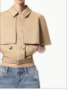RARELY ALIKE Modal Blend Cape Trench Jacket in Beige - On Model