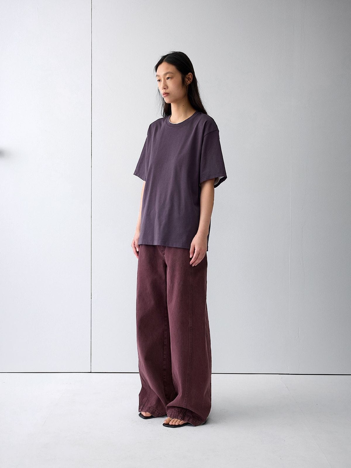 Random Piece Distressed Cotton Blend T Shirt in Purple - On Female Model