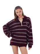 SweetChilling Striped Lambswool Blend Polo Sweater in Red - On Female Model