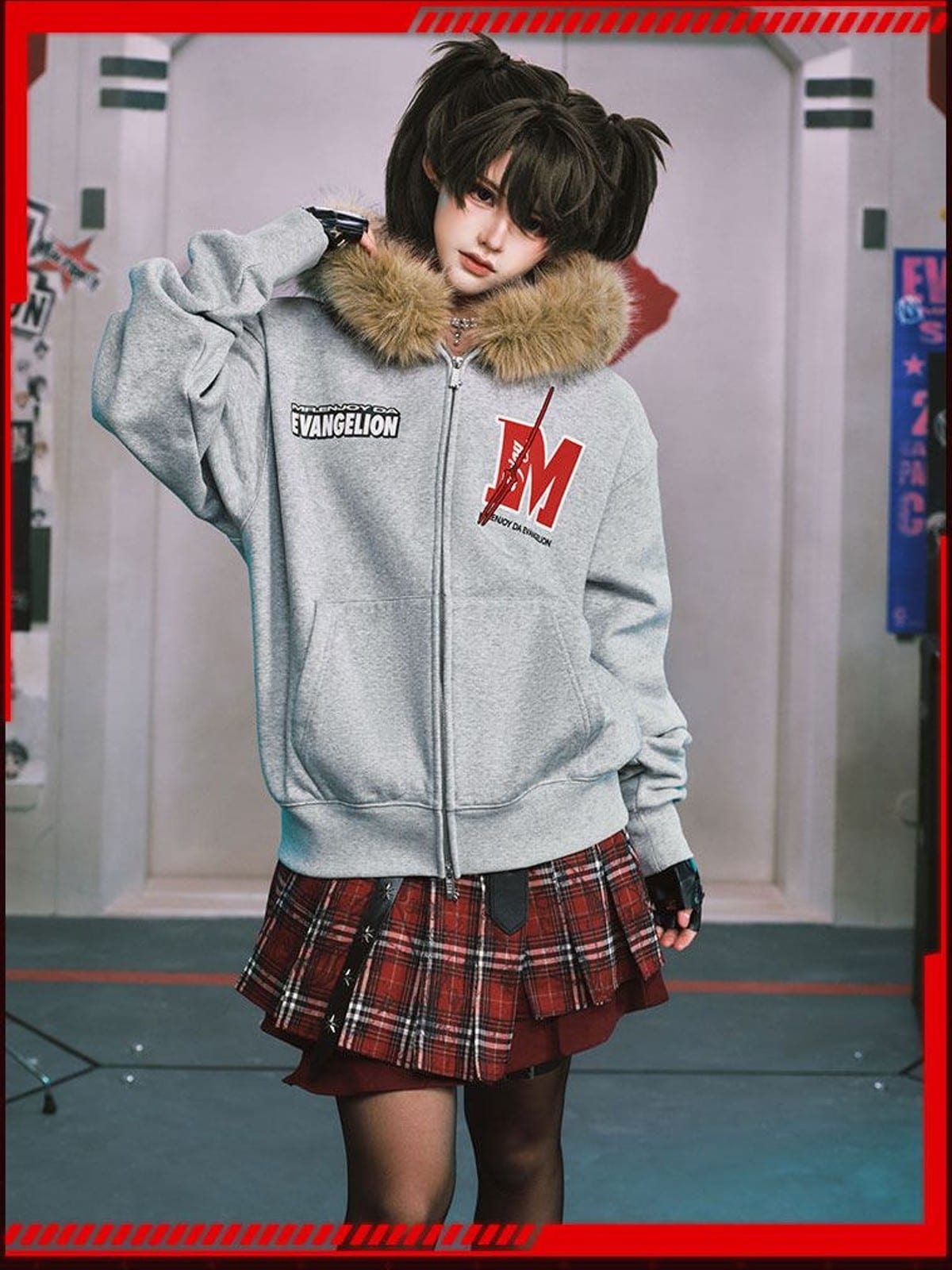 MEDM Faux Fur Trimmed Graphic Zip Hoodie in Gray - On Female Model
