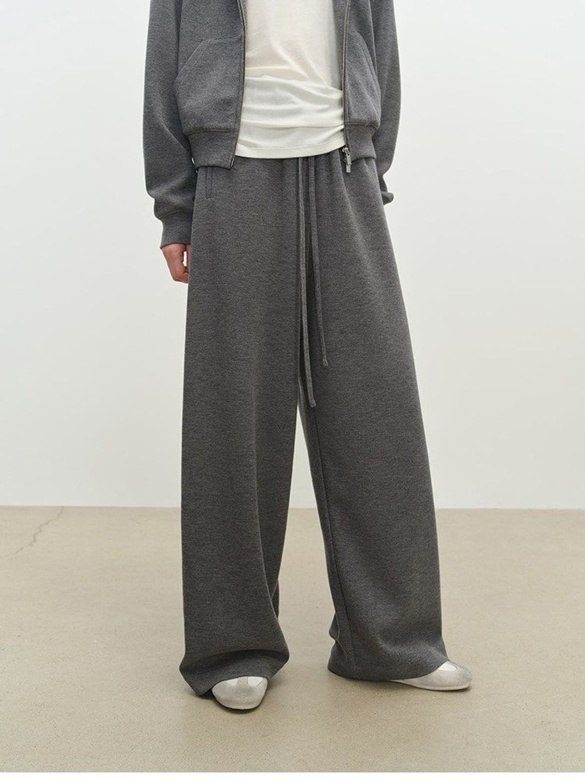 MSBEAST Wool Blend Cropped Hoodie Sweatpants Set in Gray - On Model