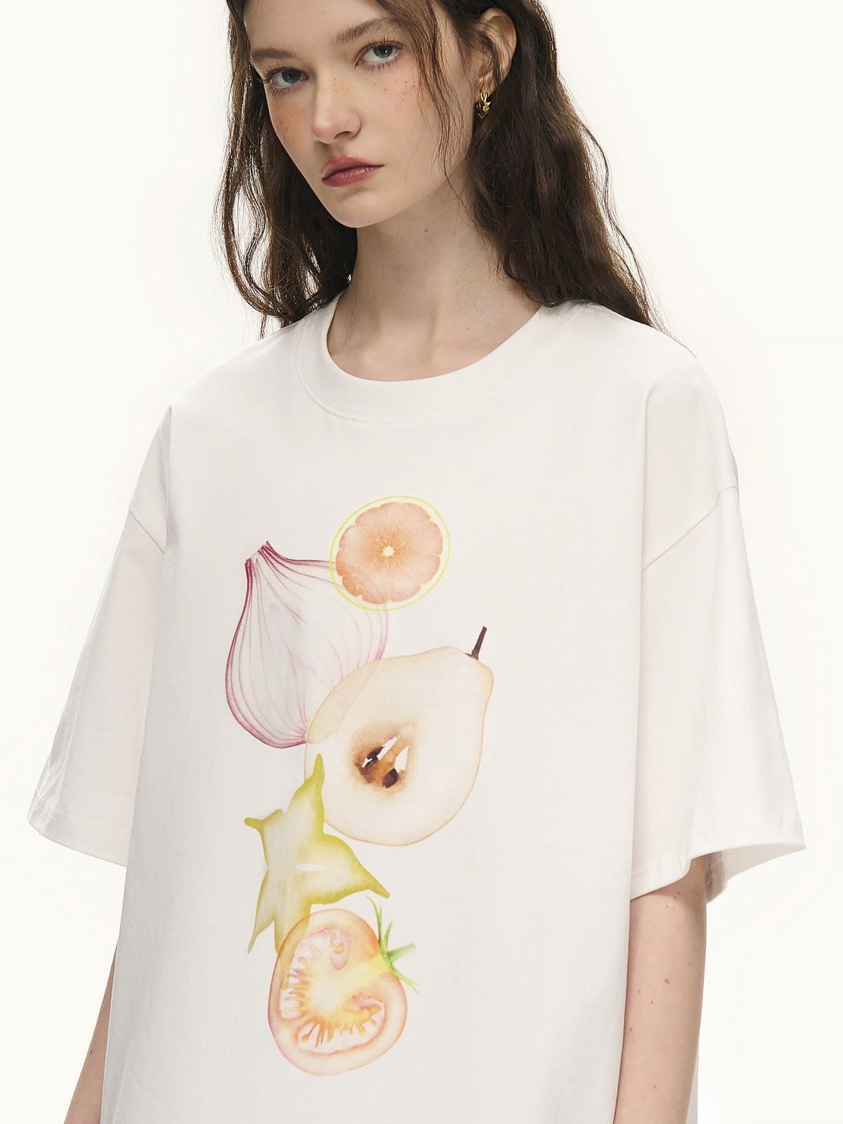 LOSTCTRL Fruit Veggie Print Cotton Blend T Shirt in White - On Female Model