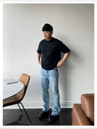 VLABMADE Ice Blue Raw Hem Straight Jeans in Blue - On Male Model