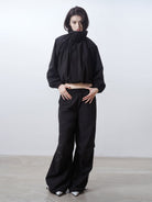 RARELY ALIKE Adjustable Collar Balloon Sports Jacket in Black - On Female Model