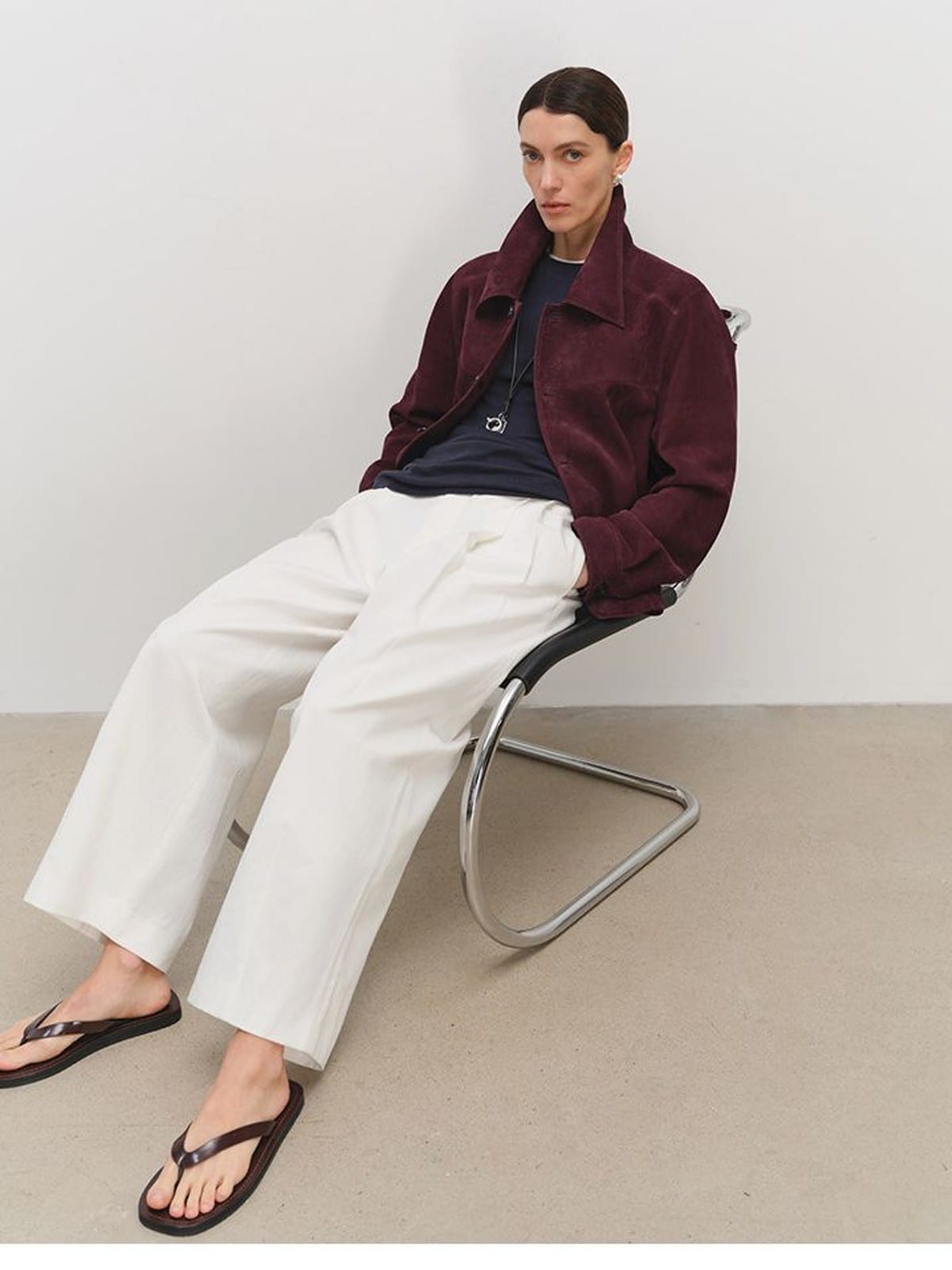 MSBEAST Cotton Blend Tapered Cropped Trousers in White - On Female Model